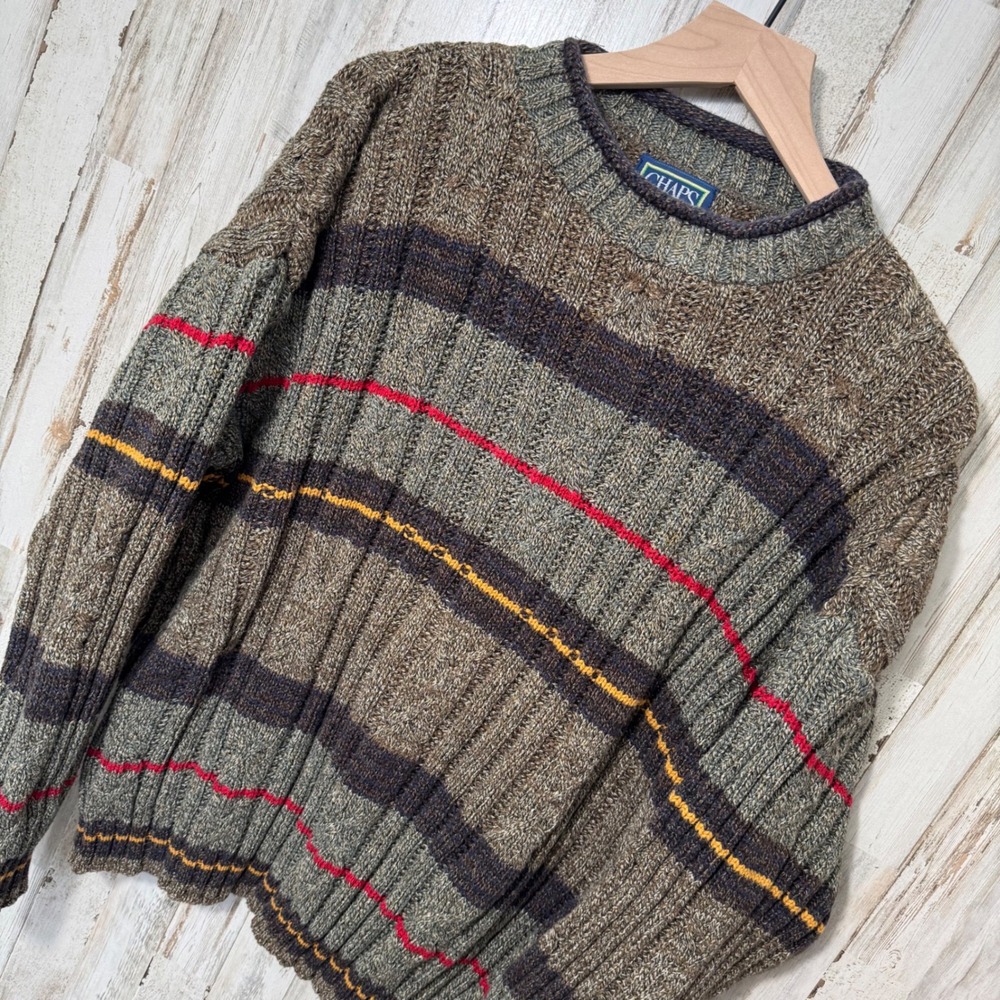 Vtg 90s Chaps Ralph Lauren Grandpa Quirky Stripe Knit Crewneck‎ Sweater Mens XL